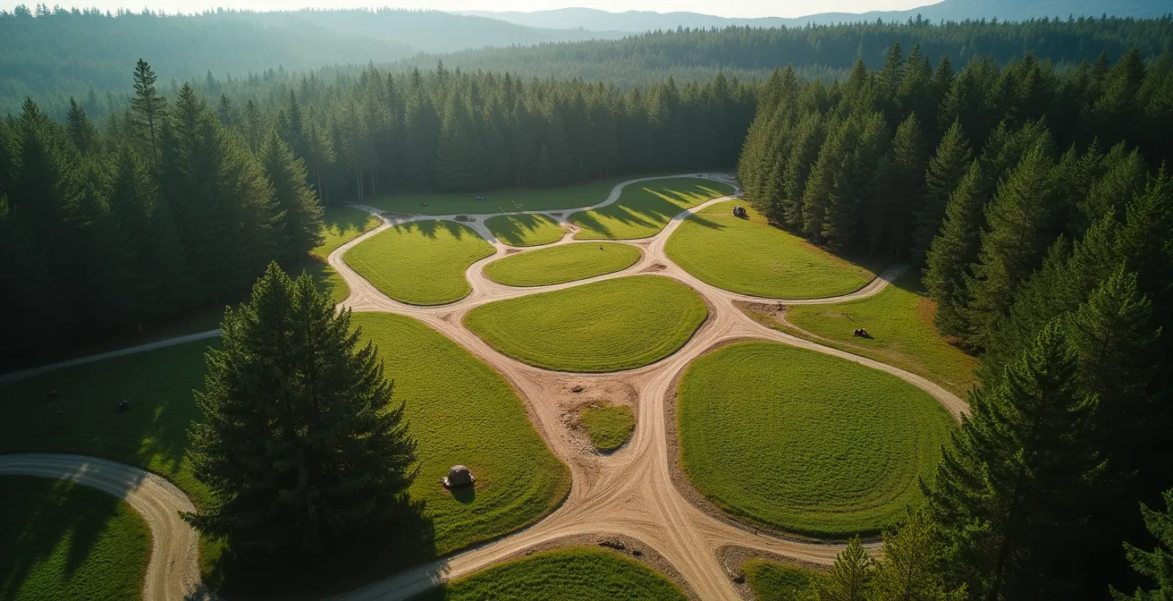 Vue aérienne d'un camping avec marquages colorés des différentes zones et leurs accès aux sentiers