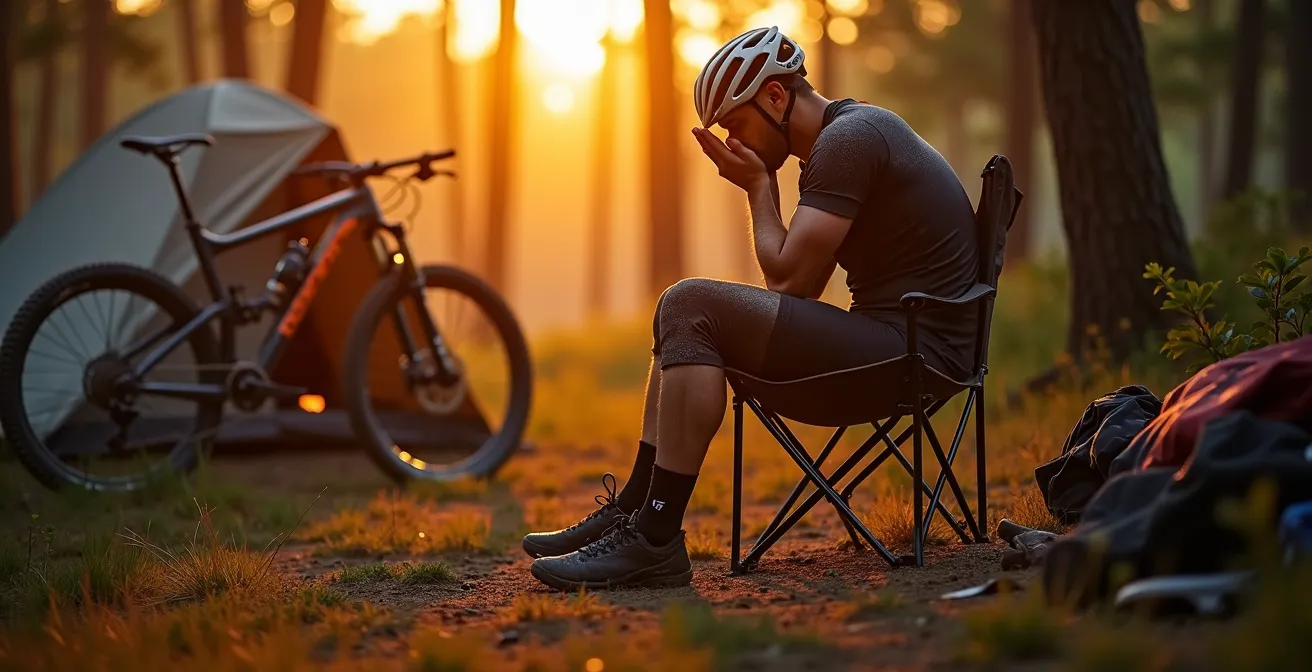 Sportif épuisé assis près de son vélo au coucher du soleil avec équipement éparpillé